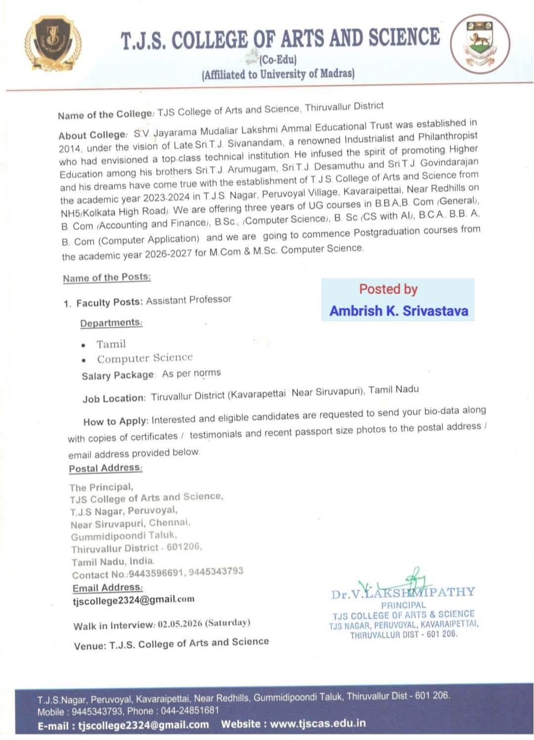 Faculty Recruitment: Assistant Professor Openings at T.J.S. College