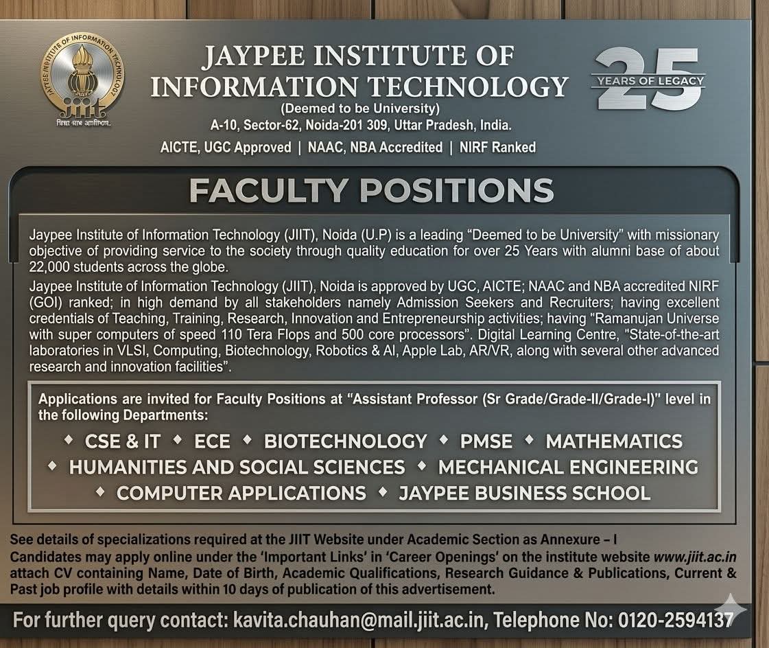 Faculty Recruitment At Jaypee Institute of Information Technology