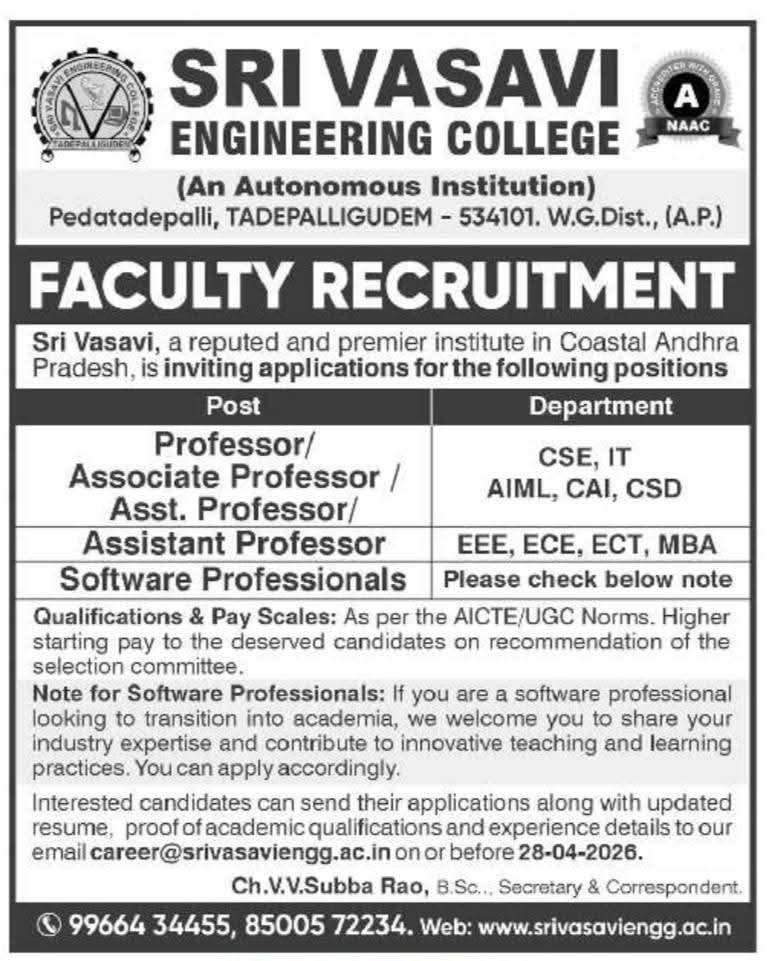 Faculty Recruitment At Sri Vasavi Engineering College