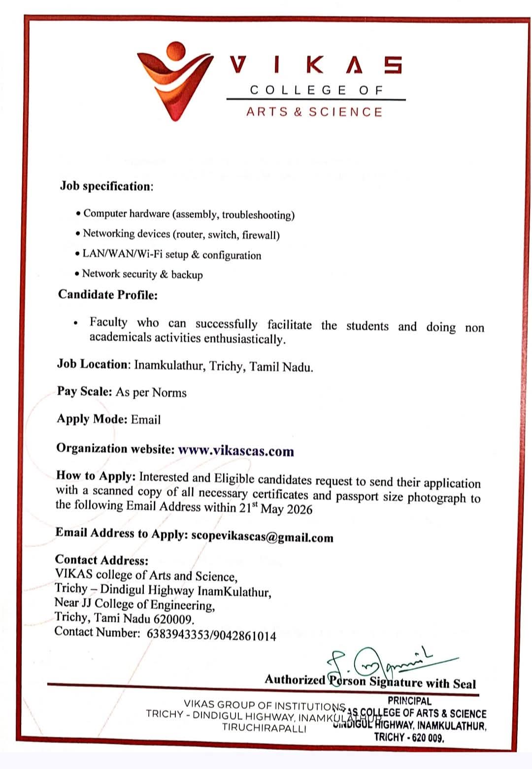 Faculty Recruitment At VIKAS College of Arts & Science