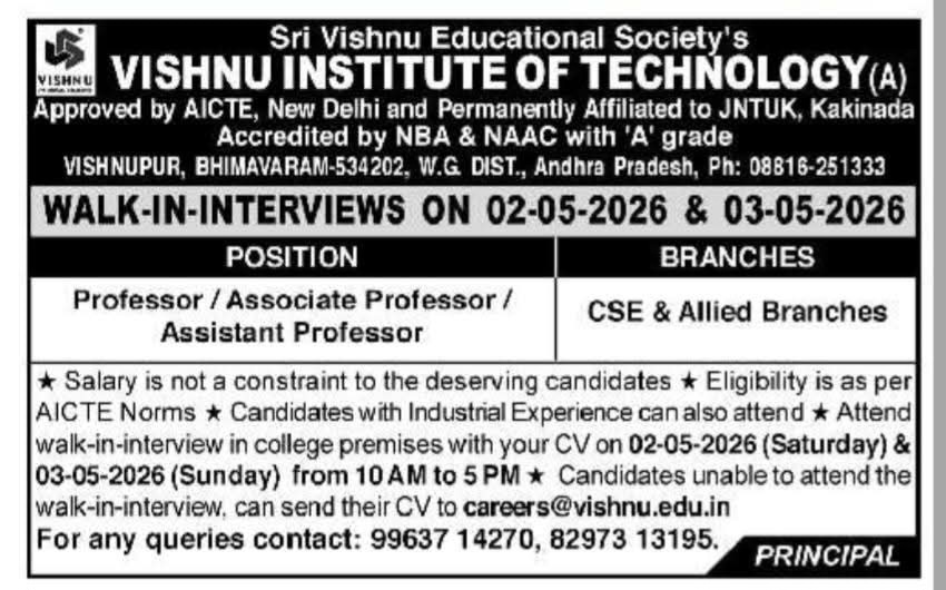 Faculty Recruitment At Vishnu Institute of Technology