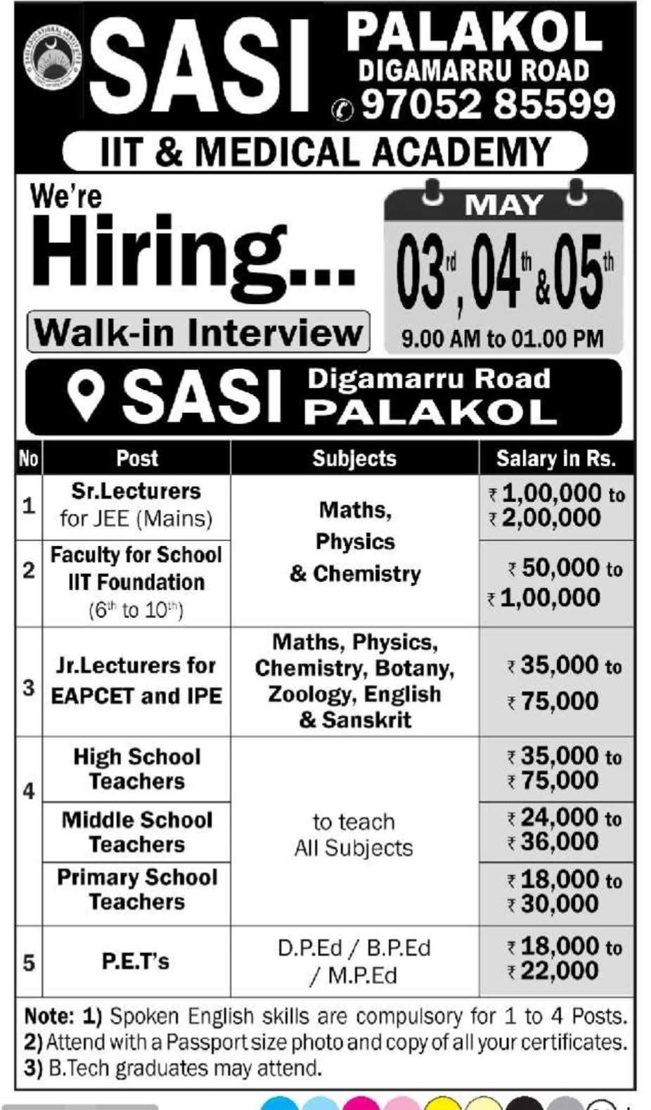 Faculty Recruitment Drive: SASI IIT & Medical Academy