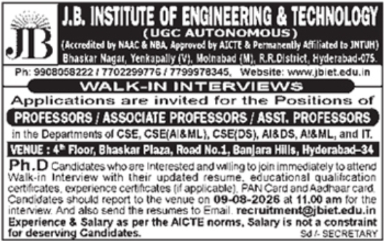 Faculty Recruitment: J.B. Institute of Engineering & Technology