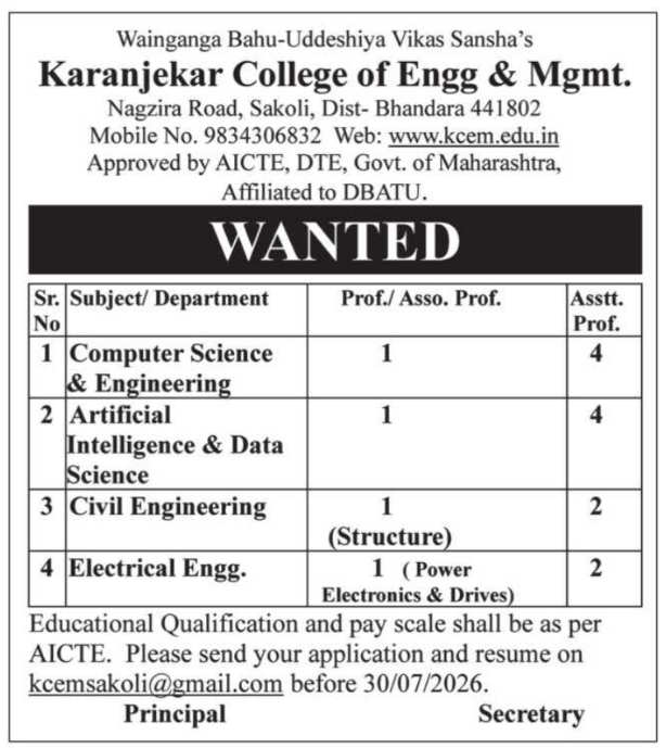 Faculty Recruitment: Karanjekar College of Engg & Mgmt Positions