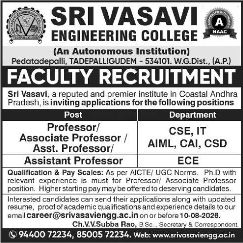 Faculty Recruitment Notice by Sri Vasavi Engineering College