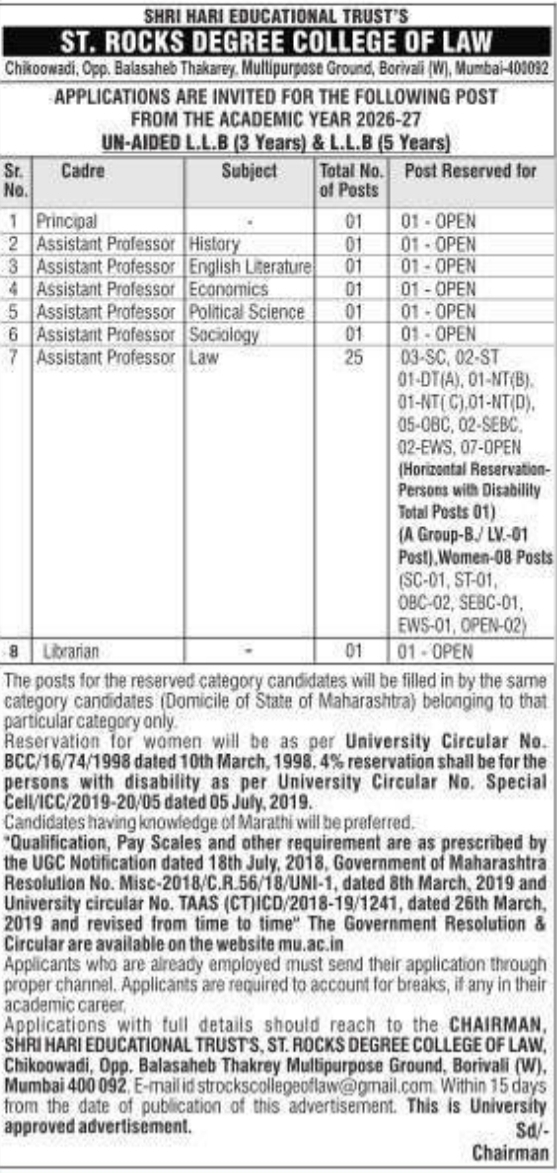 Faculty Recruitment Notice by St. Rocks Degree College of Law