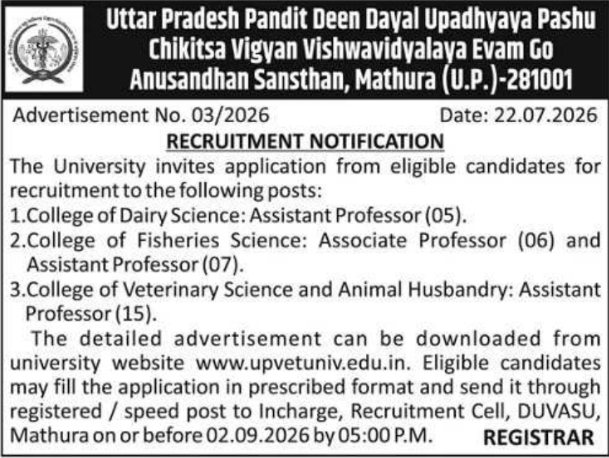 Faculty Recruitment Notification by Uttar Pradesh Pandit Deen Dayal Upadhyaya Veterinary University