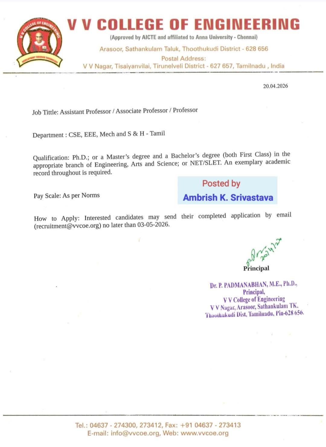 Faculty Recruitment: Professors & Assistant Professors at V V College of Engineering