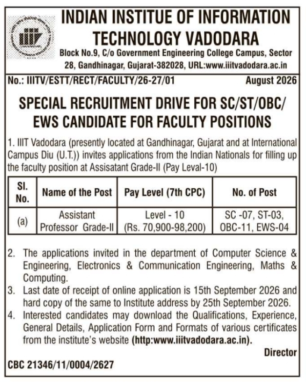 Faculty Special Recruitment Drive Notification by IIIT Vadodara