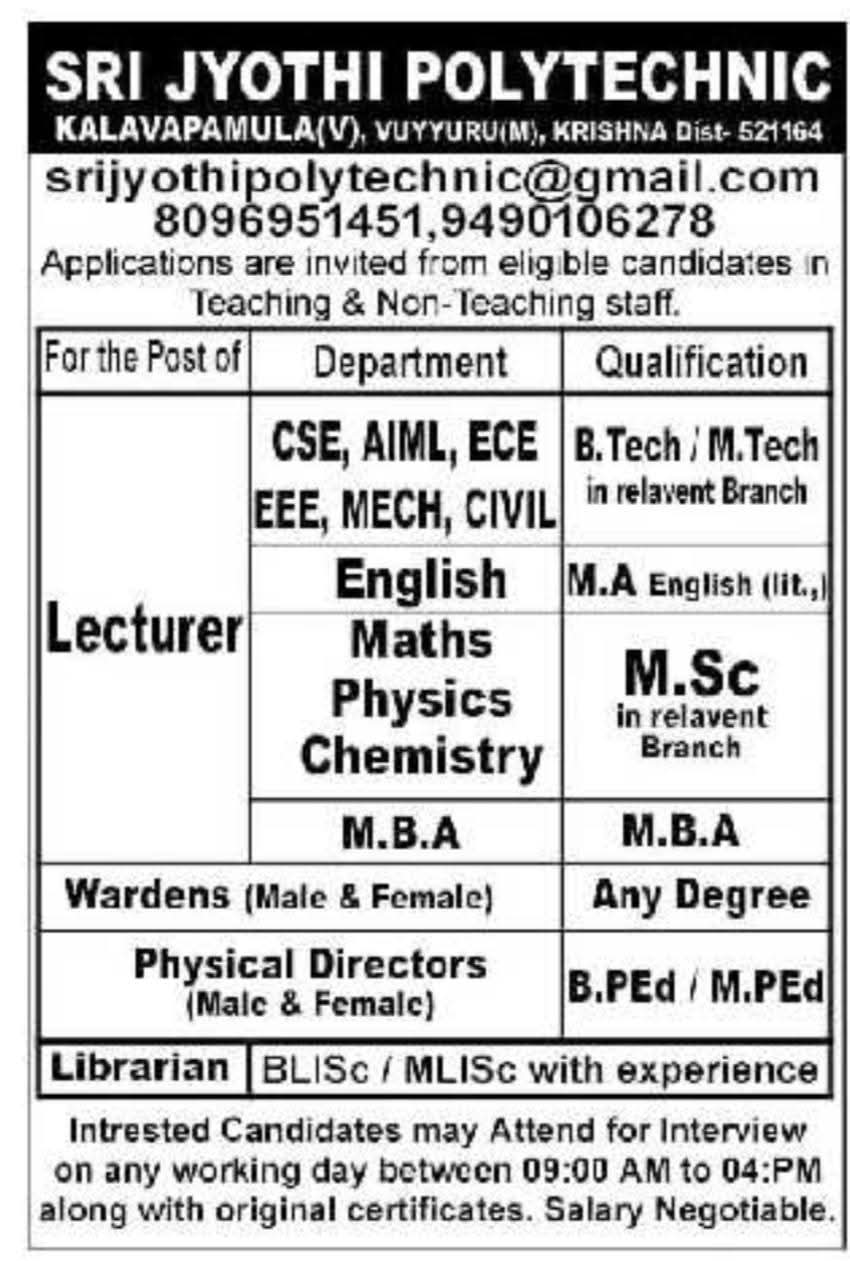 Faculty & Staff Recruitment At Sri Jyothi Polytechnic