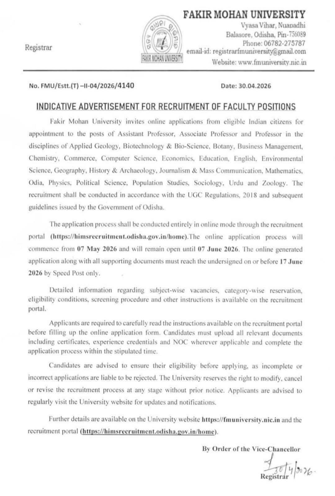 Fakir Mohan University Faculty Recruitment 2026