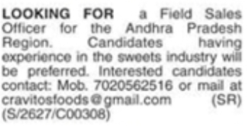Field Sales Officer Recruitment for Andhra Pradesh Region at Cravitos Foods