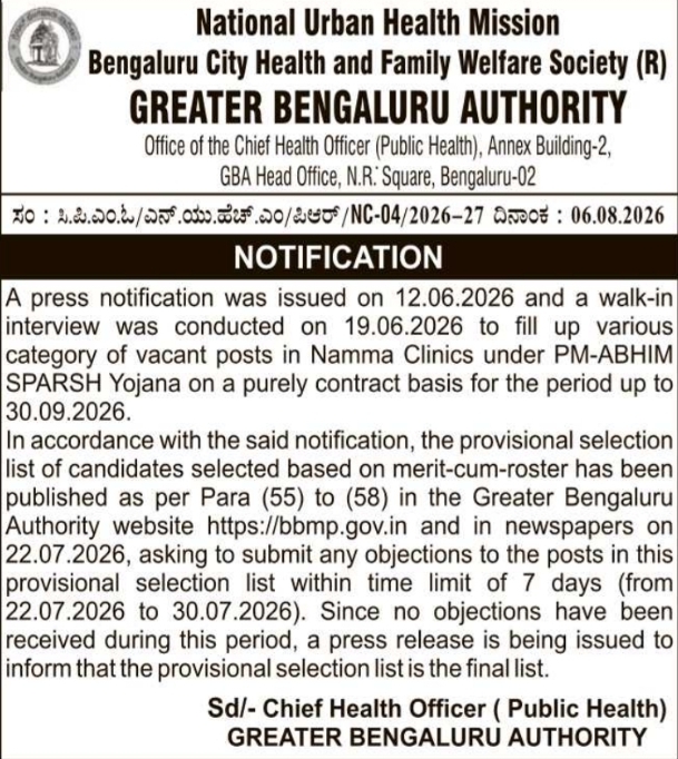 Final Selection List Notice for Namma Clinics by GBA Bengaluru