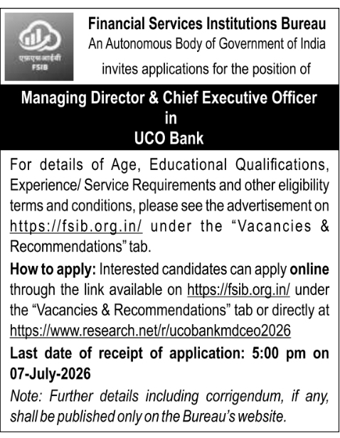 FSIB Recruitment for MD & CEO Position at UCO Bank