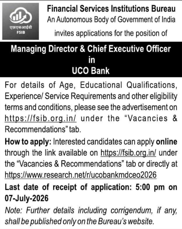FSIB UCO Bank 2026 MD & CEO Recruitment
