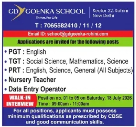 GD Goenka School Recruitment: Walk-In Teaching & Data Entry Interviews