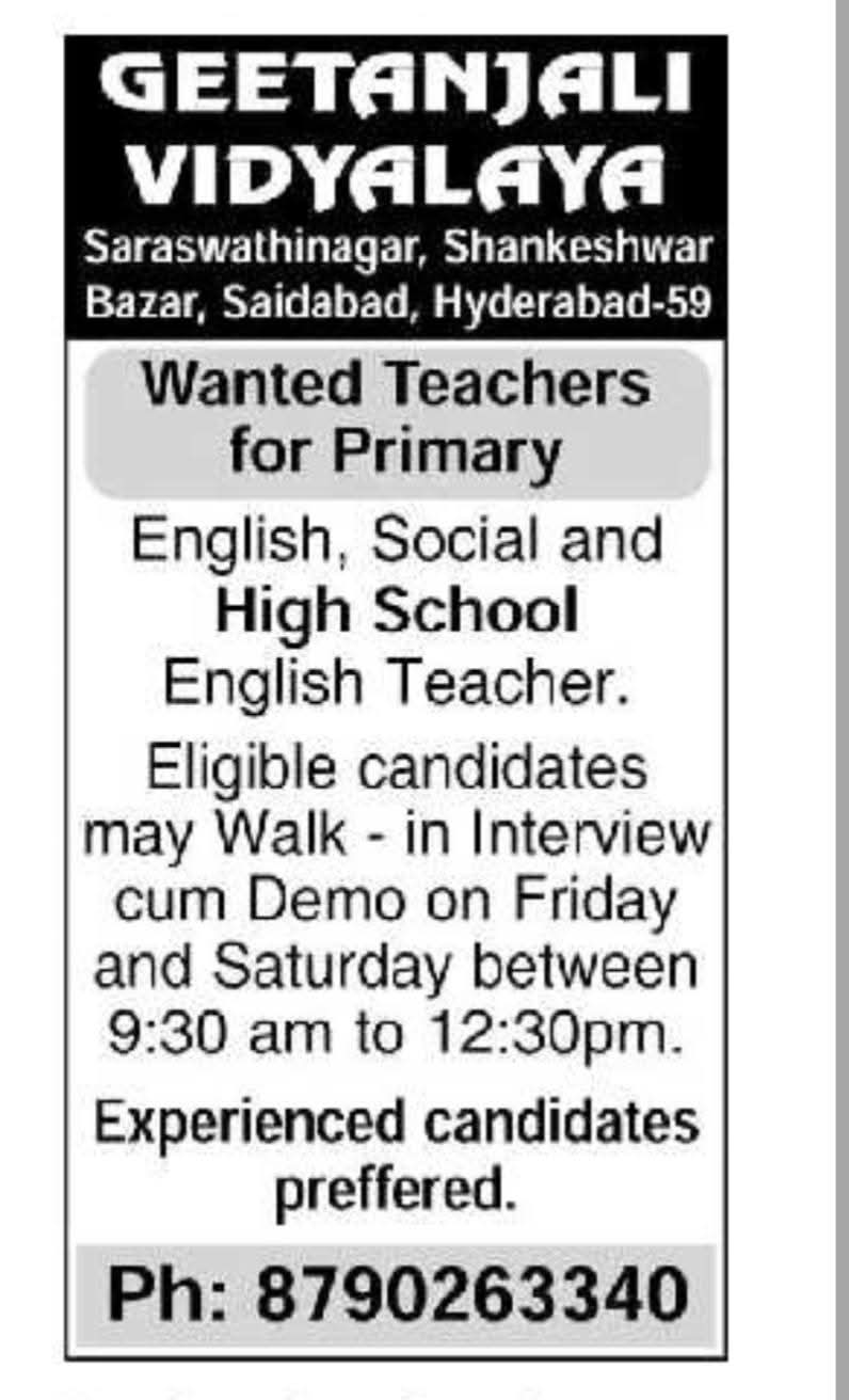 Geetanjali Vidyalaya Hyderabad Teachers Recruitment