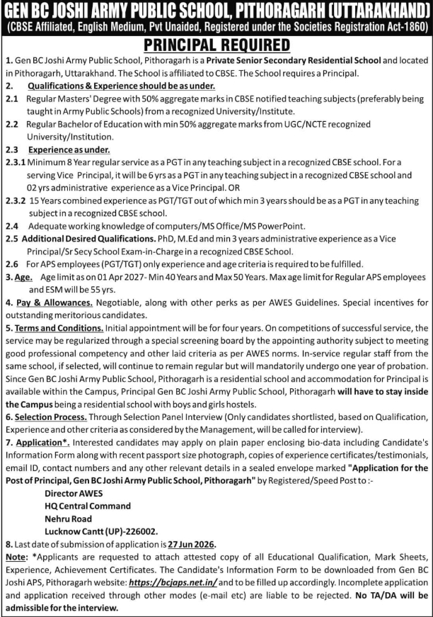 Gen BC Joshi APS Pithoragarh Recruitment: Vacancy for Post of Principal