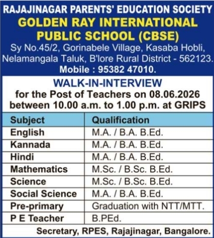 Golden Ray International Public School Recruitment: Walk-in Interviews for Teachers