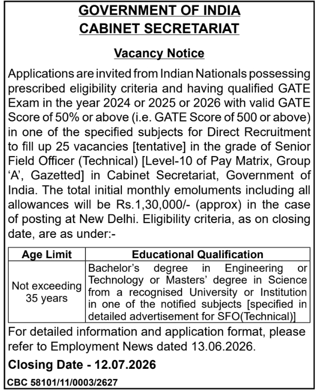 Government of India Cabinet Secretariat: Senior Field Officer Recruitment