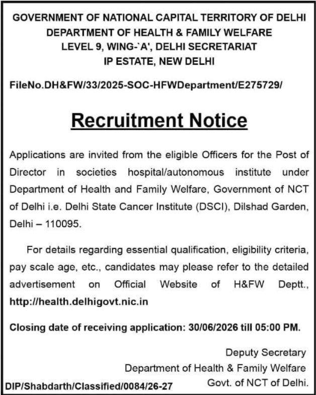 Government of NCT Delhi Director Position Recruitment Open