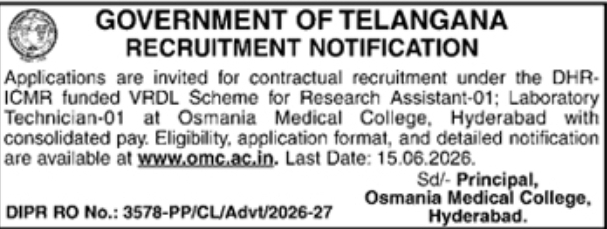 Government of Telangana: Medical Research Recruitment 2026