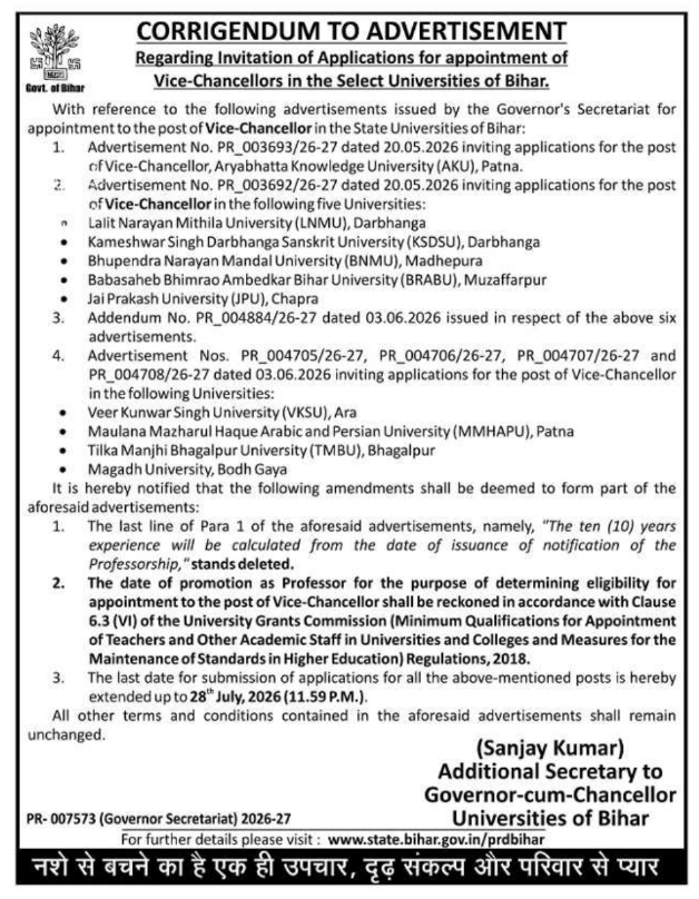 Governor's Secretariat Bihar Corrigendum for Vice-Chancellor Appointments