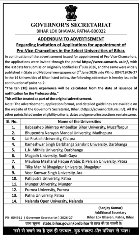Governor's Secretariat Bihar: Pro-Vice-Chancellor Application Addendum