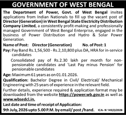 Govt of West Bengal: Director Recruitment Notification