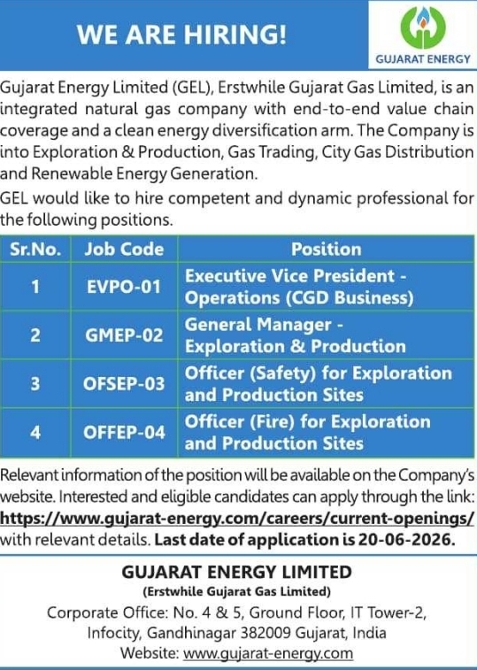 Gujarat Energy Limited Professional Recruitment