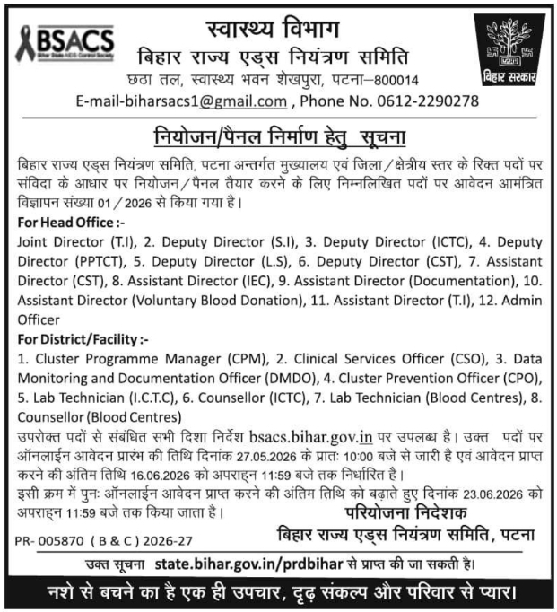 Head Office and District Staff Recruitment at BSACS Patna