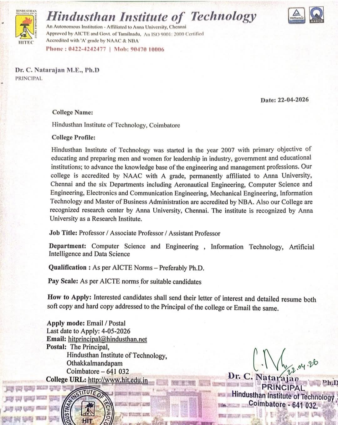 Hindusthan Institute of Technology Recruitment for Faculty Positions