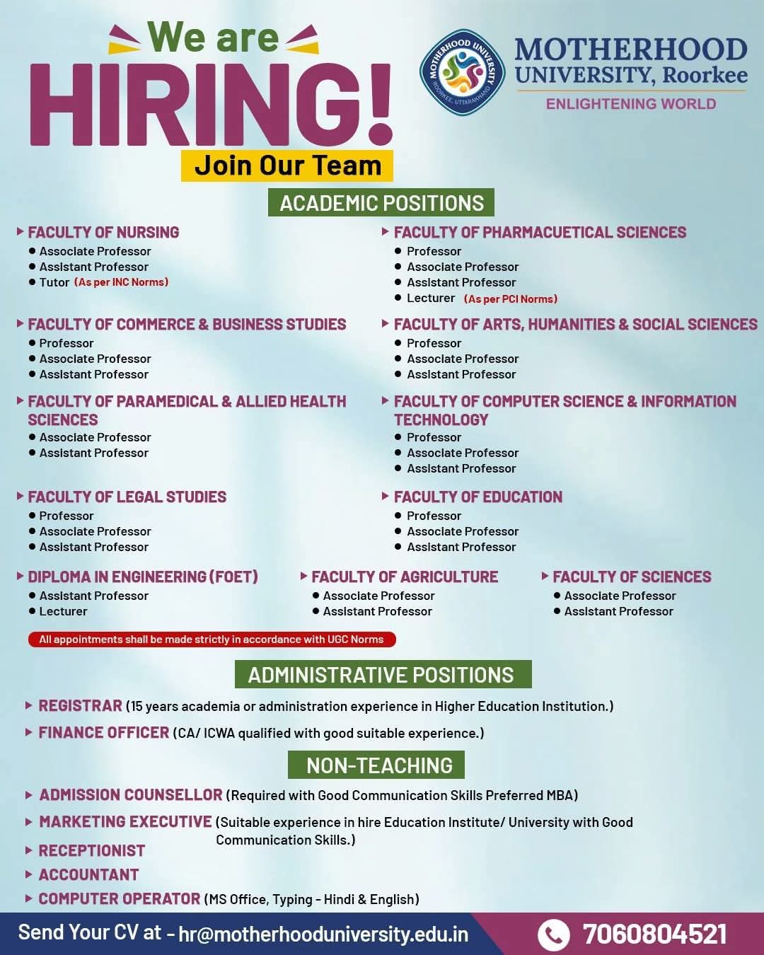 Hiring Academic, Administrative & Non Teaching Staff At Motherhood University
