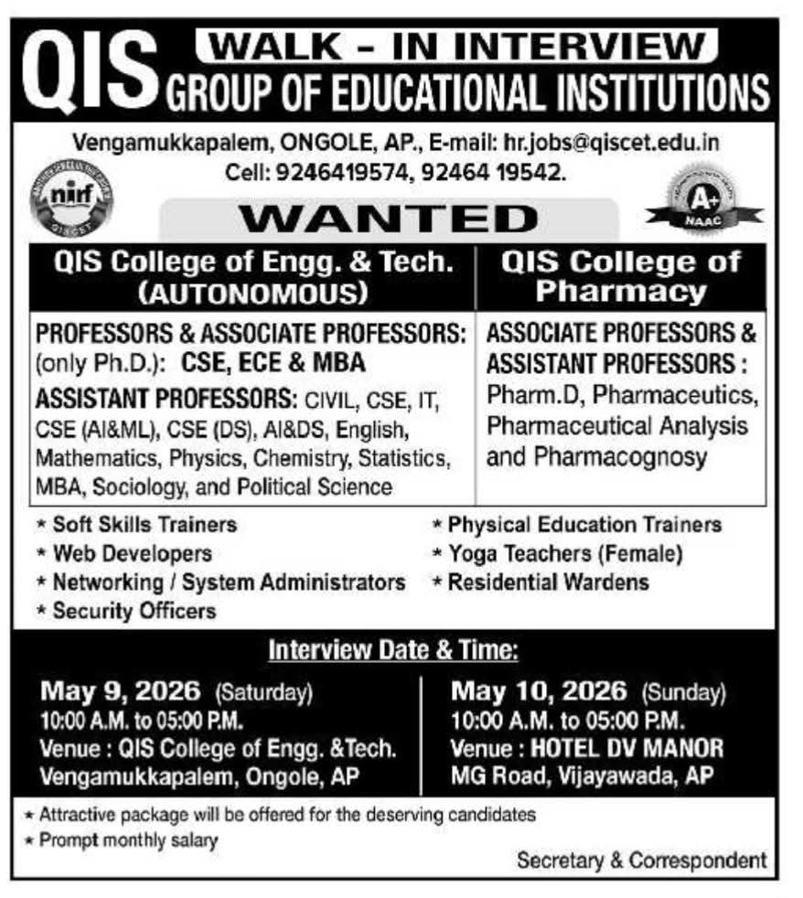 Hiring Academic and Support Staff at QIS Group of Educational Institutions