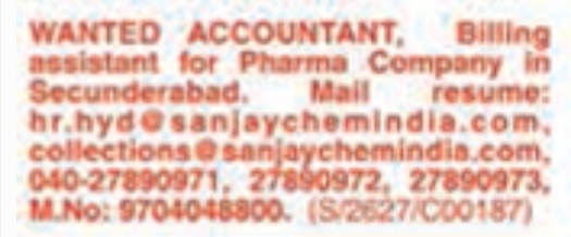Hiring Accountant & Billing Assistant at Pharma Company