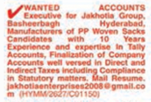 Hiring Accounts Executive at Jakhotia Group