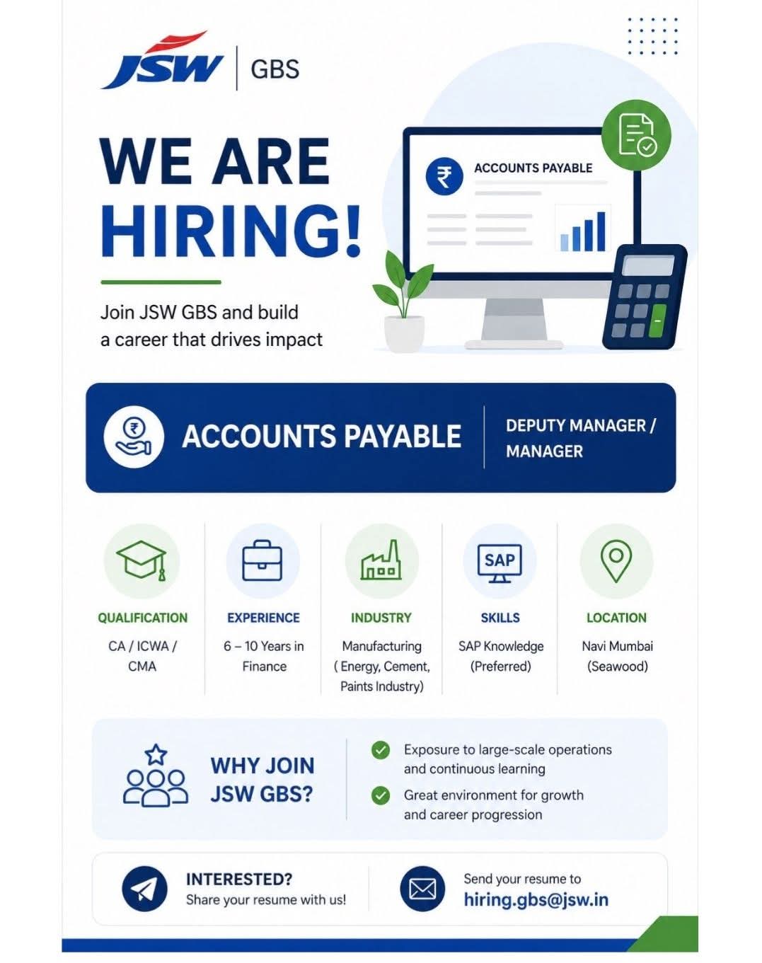 Hiring: Accounts Payable - Deputy Manager / Manager at JSW GBS