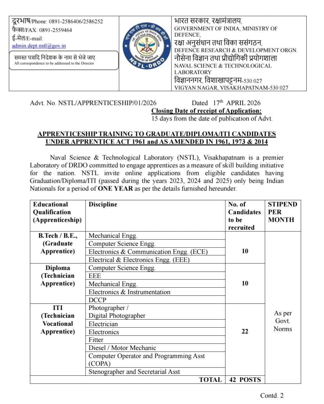 Hiring Apprentices at Naval Science & Technological Laboratory