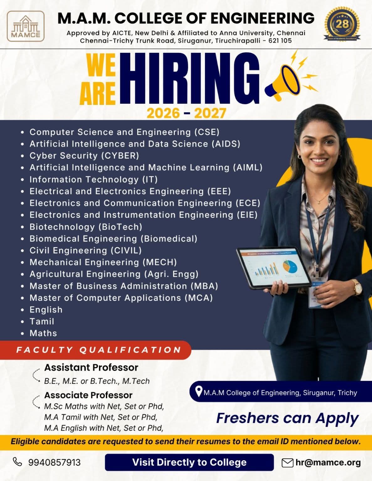 Hiring: Assistant and Associate Professors at M.A.M. College of Engineering