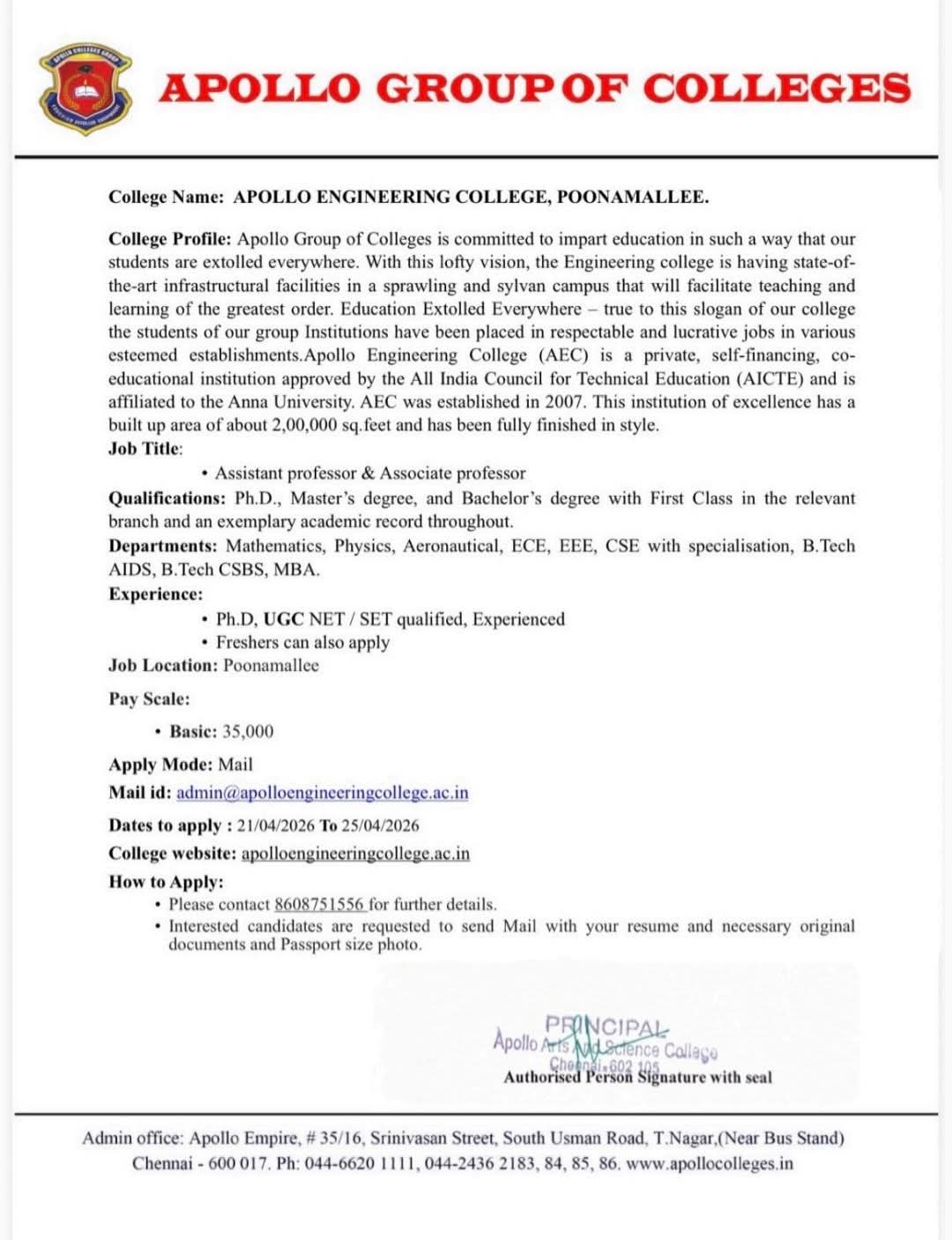 Hiring Assistant & Associate Professors at Apollo Group of Colleges