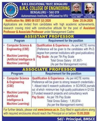 Hiring Assistant & Associate Professors at BMSCE