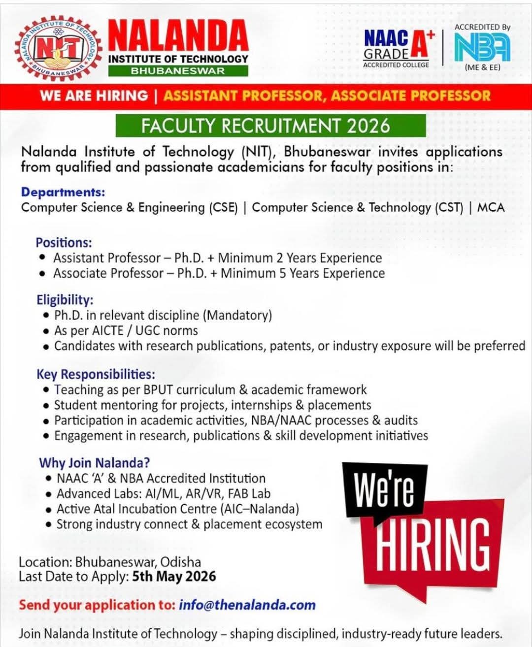 Hiring Assistant & Associate Professors at NIT Bhubaneswar