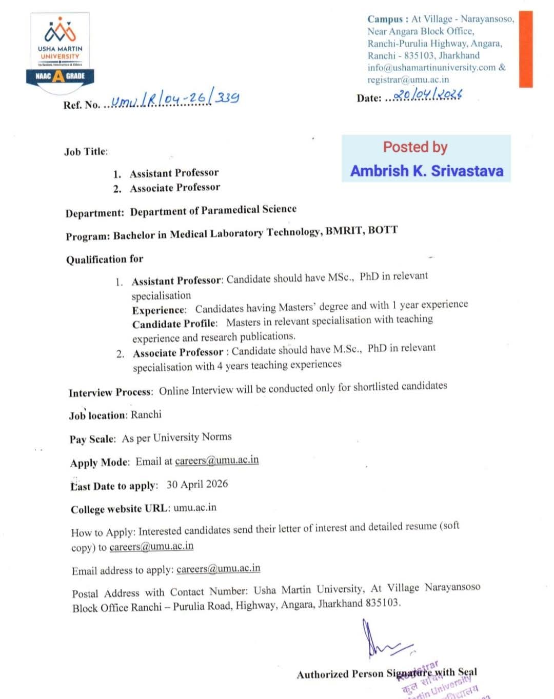 Hiring Assistant & Associate Professors - Usha Martin University