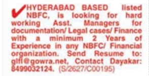 Hiring Assistant Managers at Hyderabad-Based NBFC