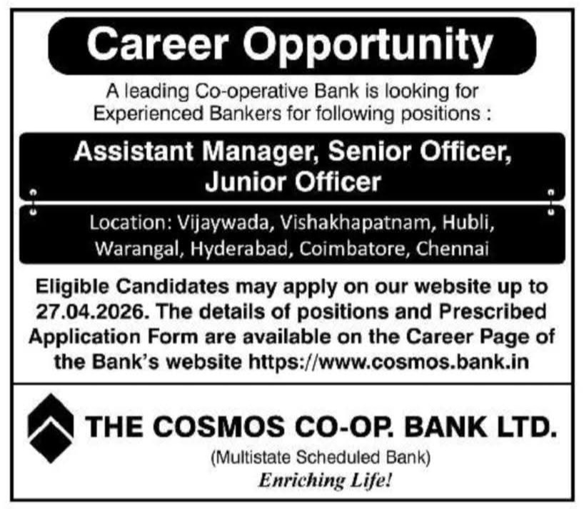 Hiring Assistant Managers & Officers at Cosmos Bank