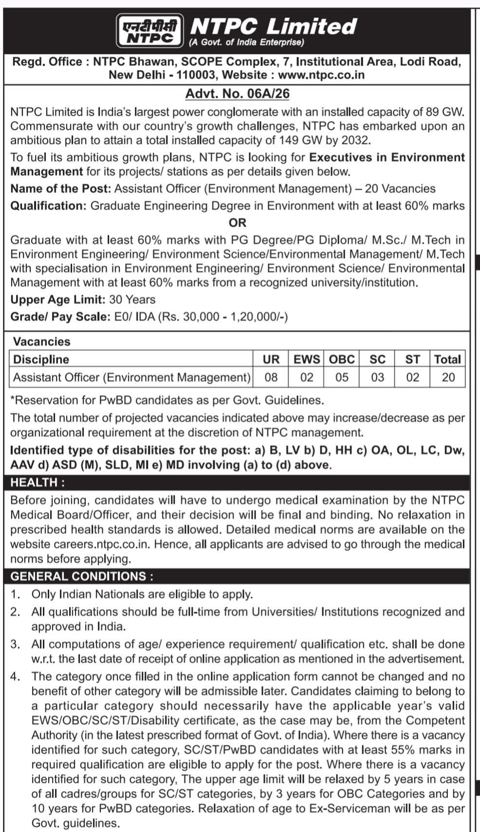 Hiring: Assistant Officer - Environment Management at NTPC Limited