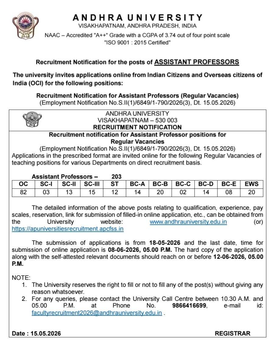 Hiring: Assistant Professor at Andhra University, Visakhapatnam