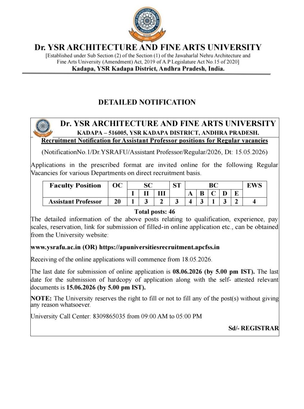 Hiring: Assistant Professor at Dr. YSR Architecture and Fine Arts University