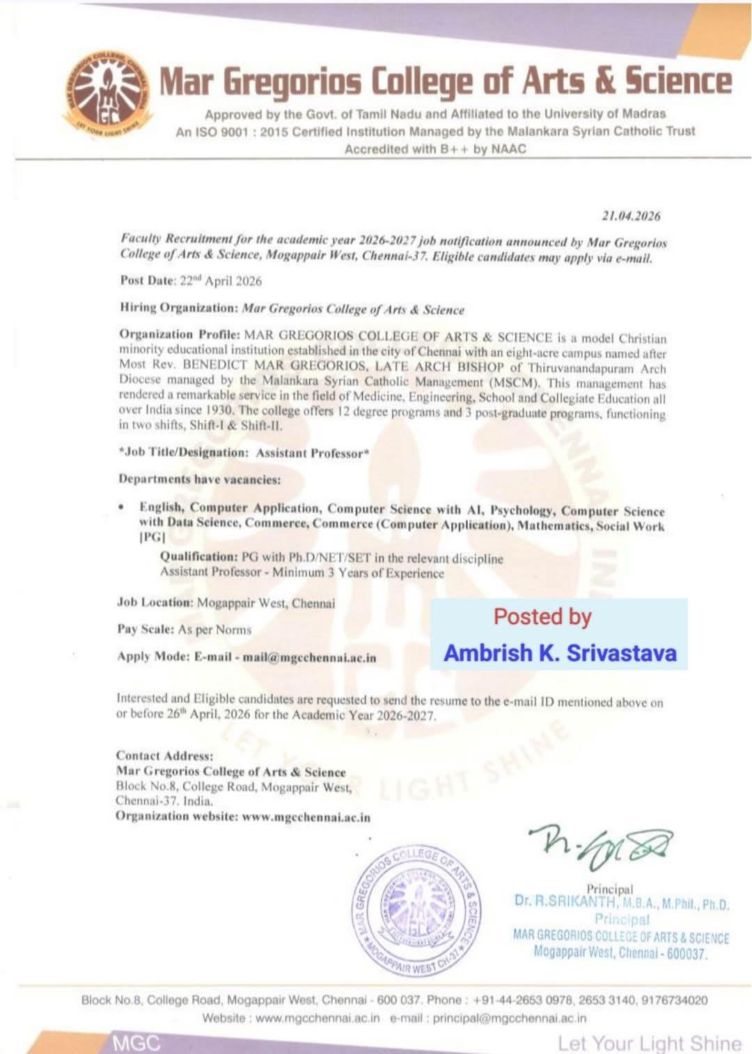 Hiring Assistant Professor  At Mar Gregorios College of Arts & Science