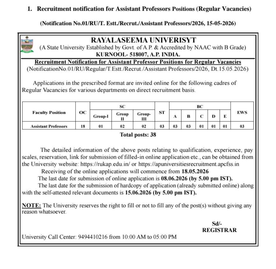 Hiring: Assistant Professor at Rayalaseema University